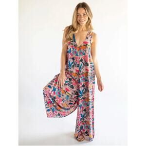 Natural Life Jumpsuit Lets Just Go Wide Leg Floral Boho Hippie Festival Sz L/XL